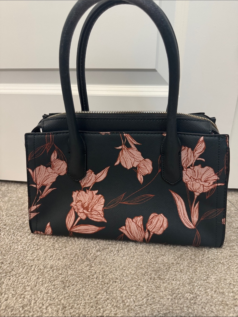 a new day Dark Green Satchel with Blush Pink Floral Print and Gold Accent - Picture 3 of 8